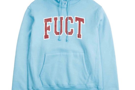 Classic-pullover-hooded-sweatshirt-in-powder-blue-with-collegiate-style-Fuct-screen-printing-in-burgundy.-FUCT-CLOTHING-NEW-YORK