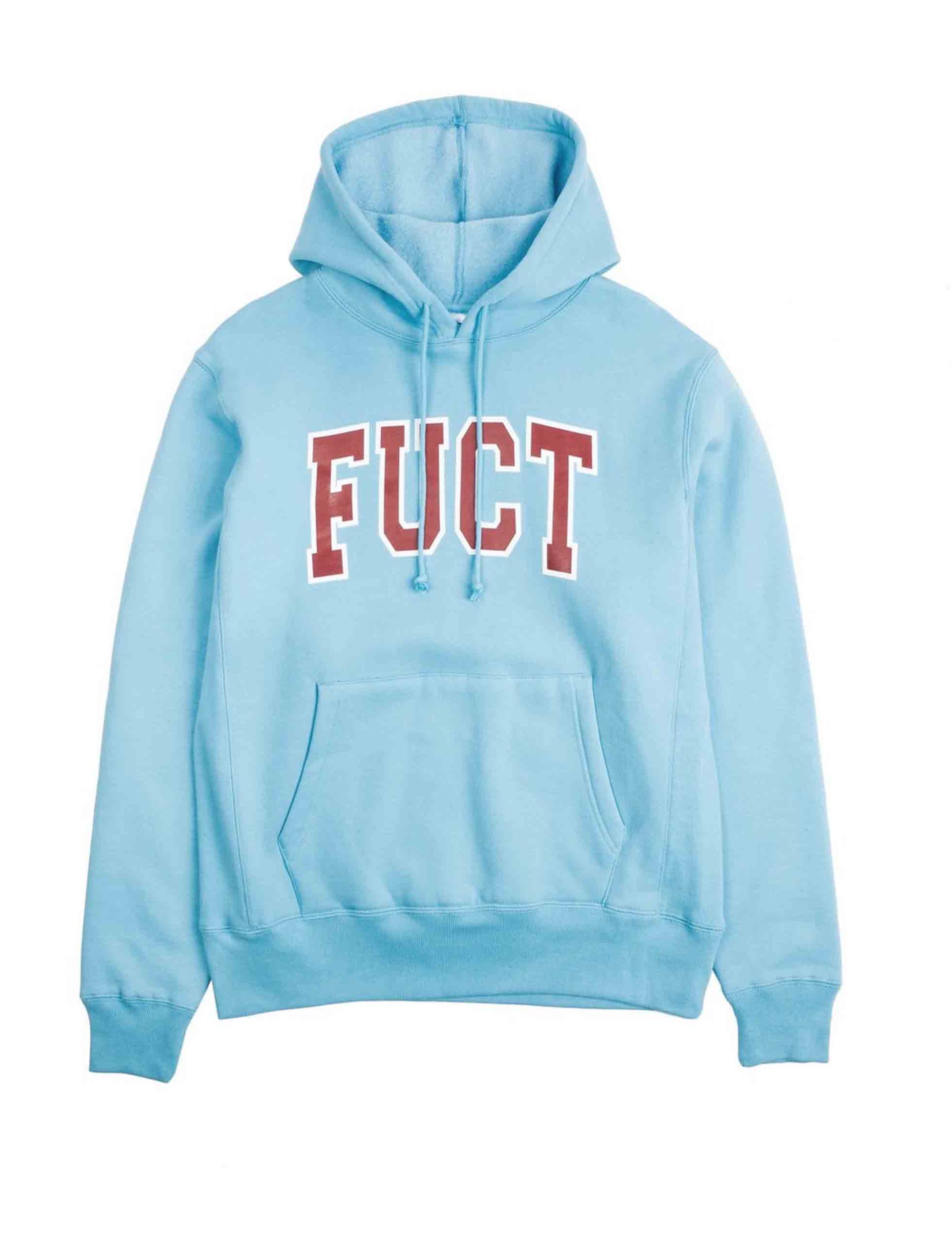 Classic-pullover-hooded-sweatshirt-in-powder-blue-with-collegiate-style-Fuct-screen-printing-in-burgundy.-FUCT-CLOTHING-NEW-YORK