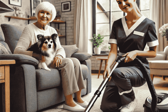 DALL·E 2024-11-30 13.37.37 - A caregiver vacuuming a tidy, well-lit living room. The caregiver is focused on cleaning, wearing a professional uniform with a friendly expression. A (1)