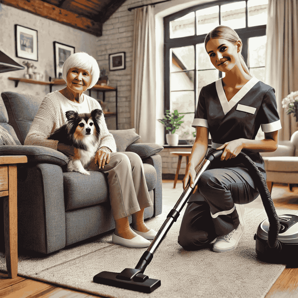 DALL·E 2024-11-30 13.37.37 - A caregiver vacuuming a tidy, well-lit living room. The caregiver is focused on cleaning, wearing a professional uniform with a friendly expression. A (1)