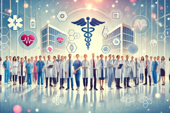 DALL·E 2024-12-03 00.59.35 - A vibrant and welcoming illustration representing the medical community. The image features a diverse group of healthcare professionals, including doc