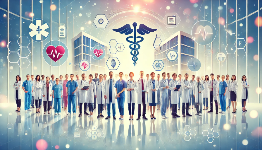 DALL·E 2024-12-03 00.59.35 - A vibrant and welcoming illustration representing the medical community. The image features a diverse group of healthcare professionals, including doc