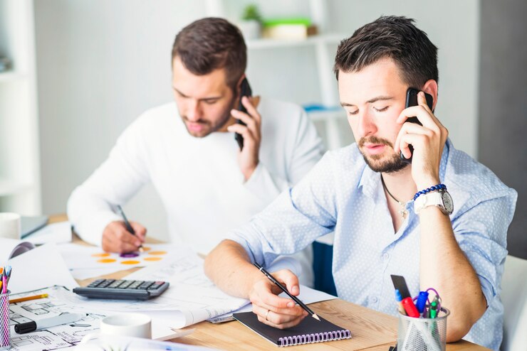 two-businessmen-talking-cellphone_23-2147839911