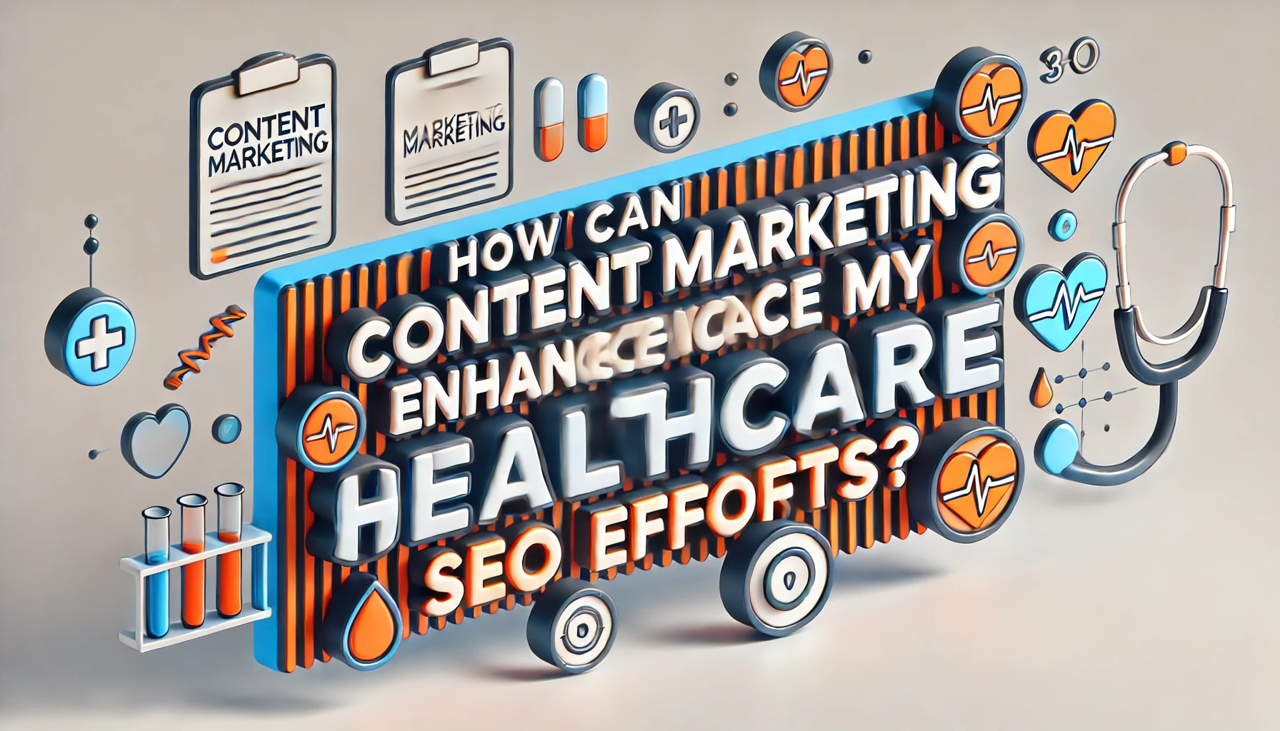 DALL·E 2025-01-24 16.38.37 - A 3D banner design with the text How can content marketing enhance my healthcare SEO efforts_ in bold, modern, and eye-catching font. The background